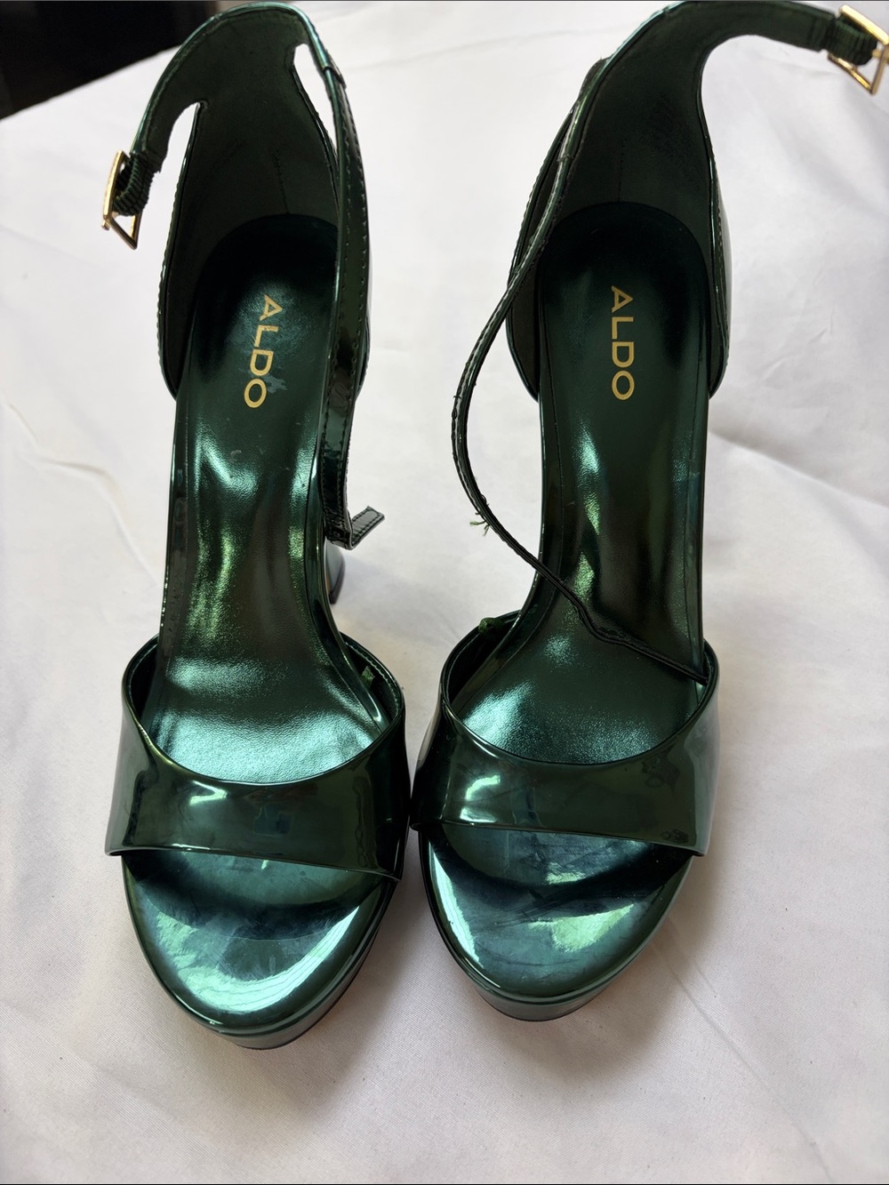 ALDO Iridescent Deep Green Open-Toe Ankle-Strap Platform Heels